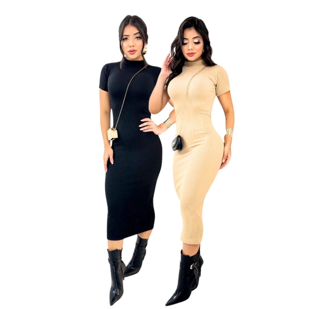 Kit 2 Vestido Feminino Midi Canelado com Manga Elegância e Ousadia em uma Peça em Oferta na Shopee