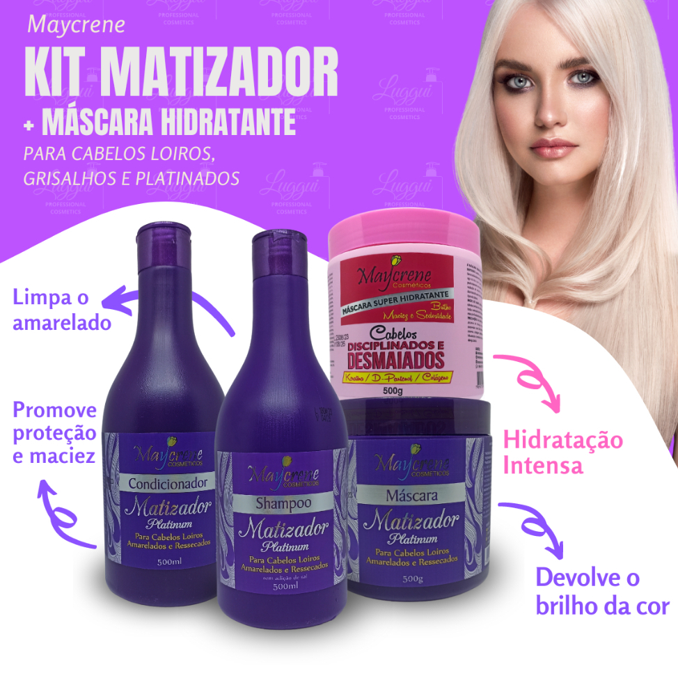 Kit Matizador Platinum Loiro mais Máscara de Hidratação Profunda Cabelos Desmaiados Maycrene 4x500 em Oferta na Shopee