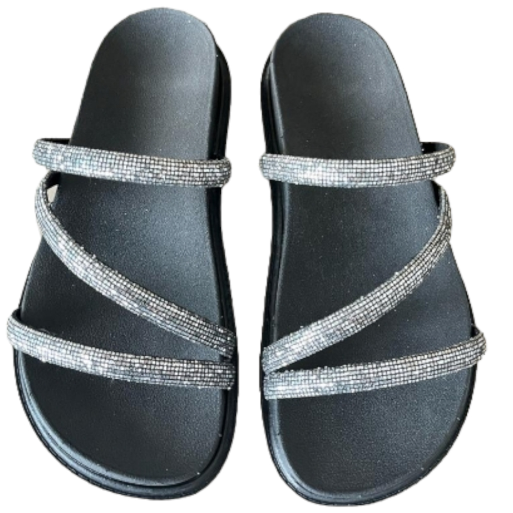 Sandália Papete Birken Feminina 3 Tiras Com Brilho Glitter Chinelo Rasteirinha Tendência Luxo