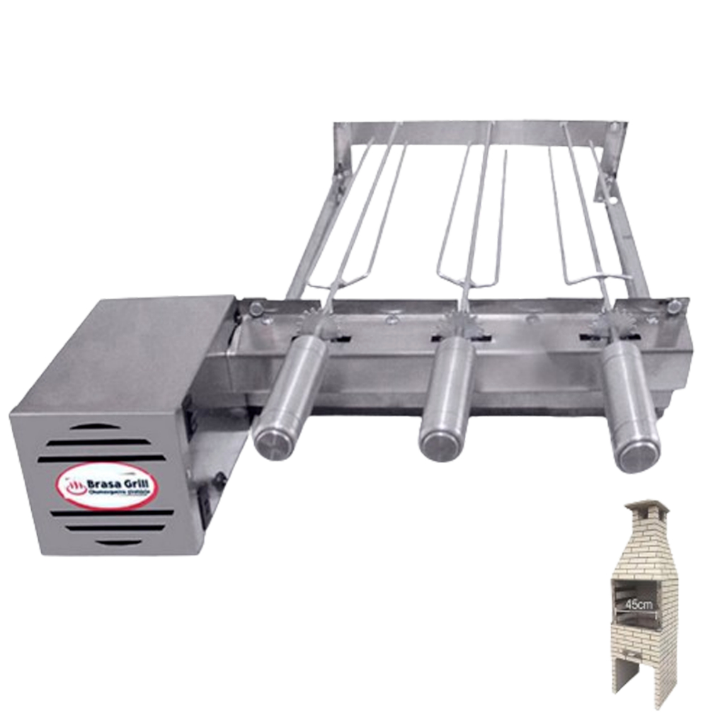 Brasa Grill Único Andar Gira 3 Espetos para Churrasqueira Pré Moldada de 45cm Espaço Interno Largura