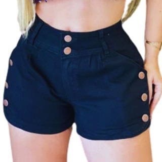 Short Feminino Preto, Azul Marinho E Azul Claro Cintura Alta Com 8 Botões Cós Alto  Com Lycra Do 36 ao 48