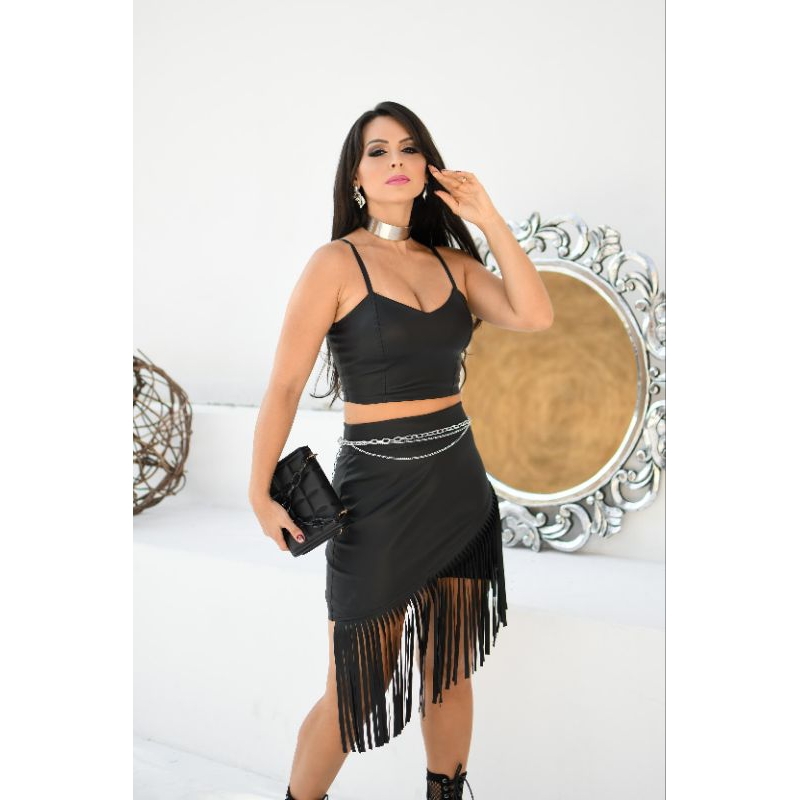 Saía couro feminina com franja zíper na Costa em Oferta na Shopee