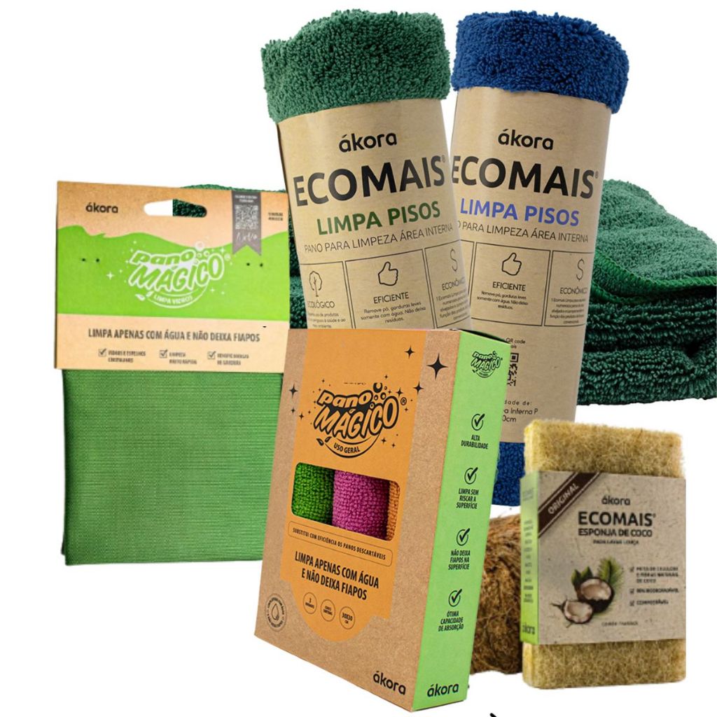 Kit 2 Ecomais Limpa Piso Area Interna Pano Mágico Limpa Vidros Esponja Coco 3 Pano Mágico Uso Geral