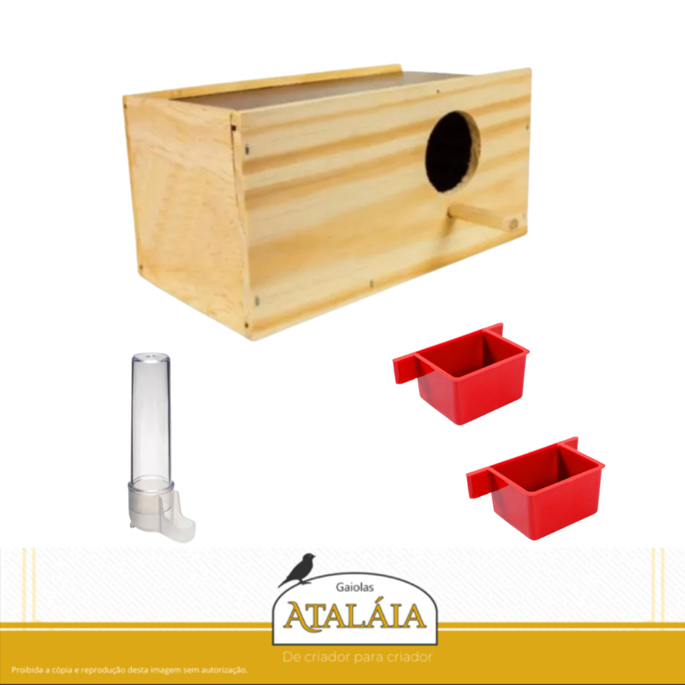 Ninho Periquito Madeira Pinus com 02 Comedouros e 01 Bebedouro