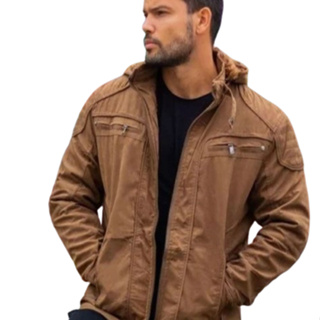 jaqueta masculina de sarja toda forrada por dentro de pelinhos com capuz removível em Oferta na Shopee