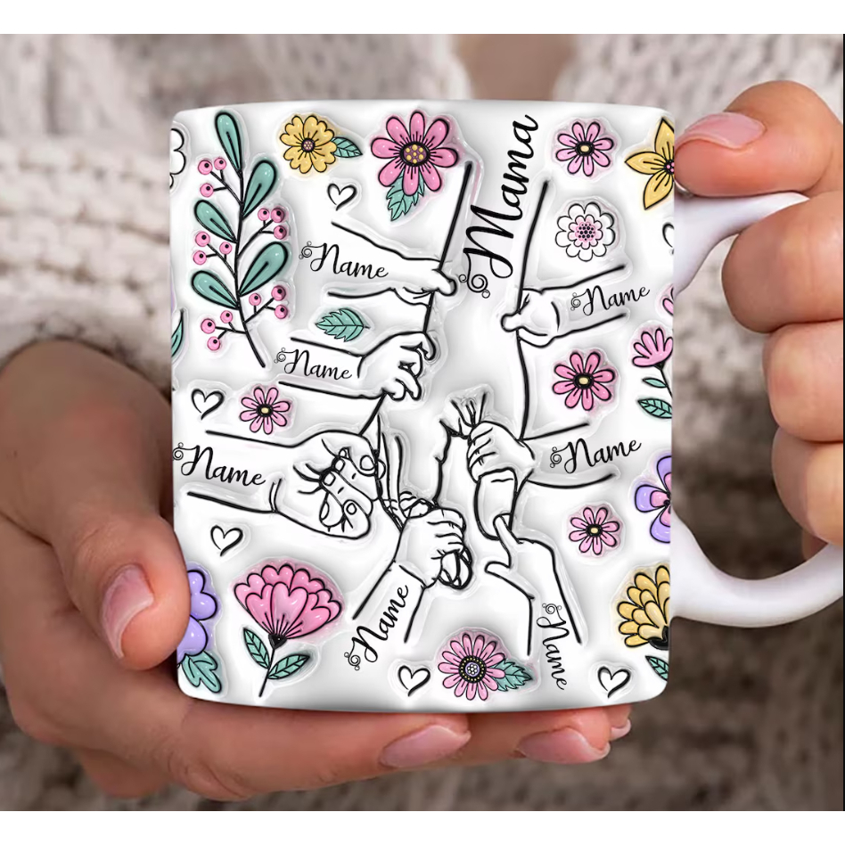Caneca Personalizada Floral Dia Das Maes Segurando Mão da Mãe/Avó Com Efeito Inflado 3D