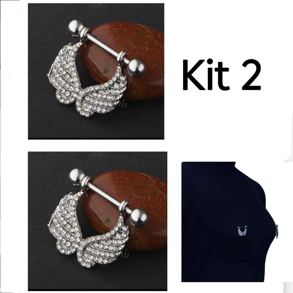Kit 2 Piercing mamilo com 2 asa de brilho pedrinhas zirconia aço prata