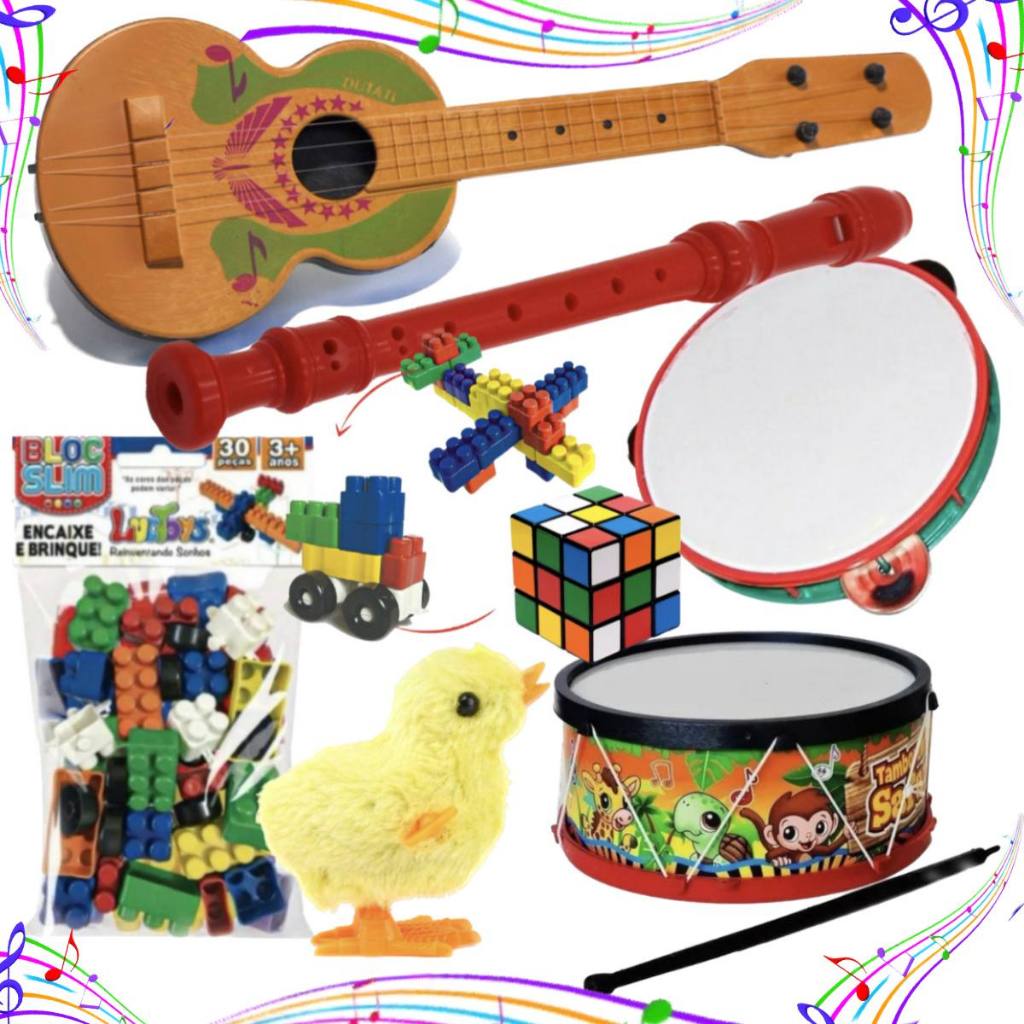 Kit Prenda Festa Junina Viola Tambor Infantil Pandeiro Blocos de montar Cubo Brinquedos Violinha