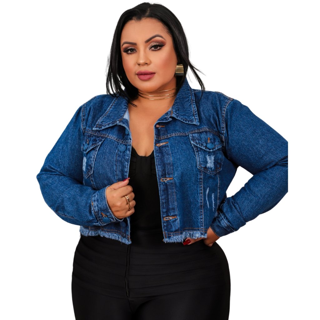 Jaqueta Jeans Plus Size Cropped feminino Barra Desfiada S/ Lycra em Oferta na Shopee