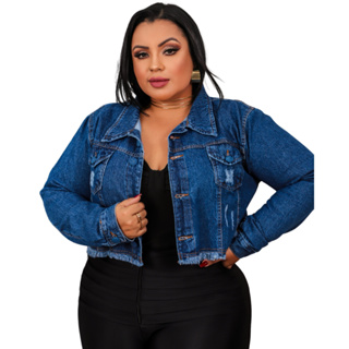 Jaqueta Jeans Plus Size Cropped feminino Barra Desfiada S/ Lycra em Oferta na Shopee