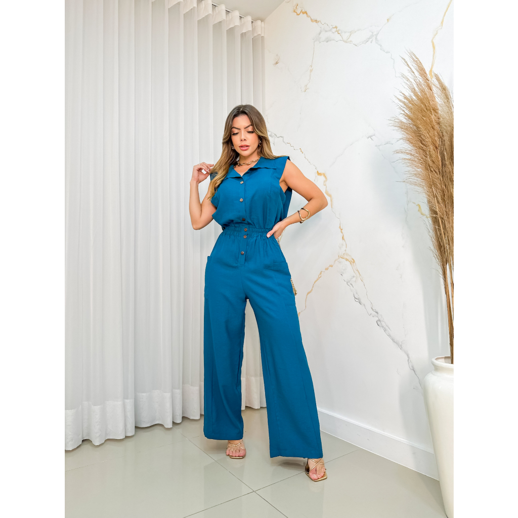 macacao social alfaiataria femenino sem manga cinturada com botao moda 185 macacao