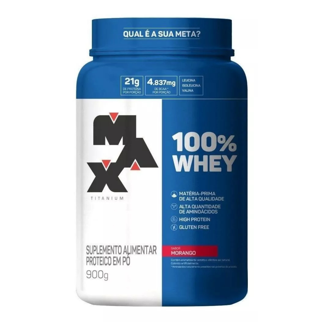 Suplemento em pó Max Titanium 100% Whey proteínas 100% Whey sabor morango em pote de 900g