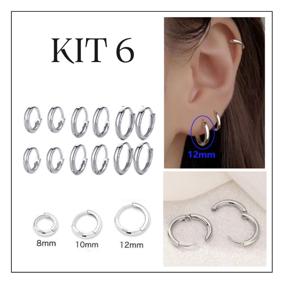 Kit 6 pares Aço Inoxidável Brinco Argola Punk Rock Ródio Círculo Unisex