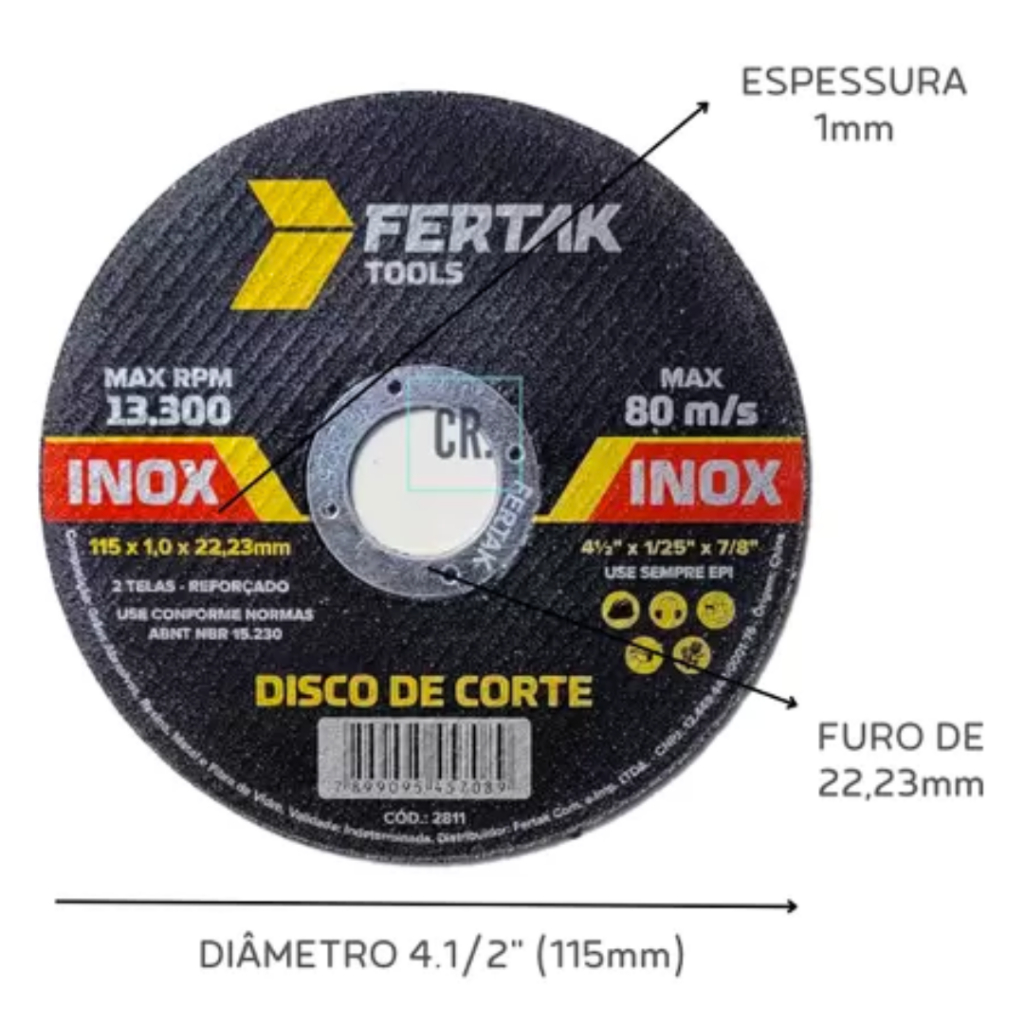 KIT 10 DISCOS DE CORTE AÇO / INOX 4.1/2" x 115x 22x1.0mm 2 TELAS REFORÇADO - FERTAK — imagem 2 de 2