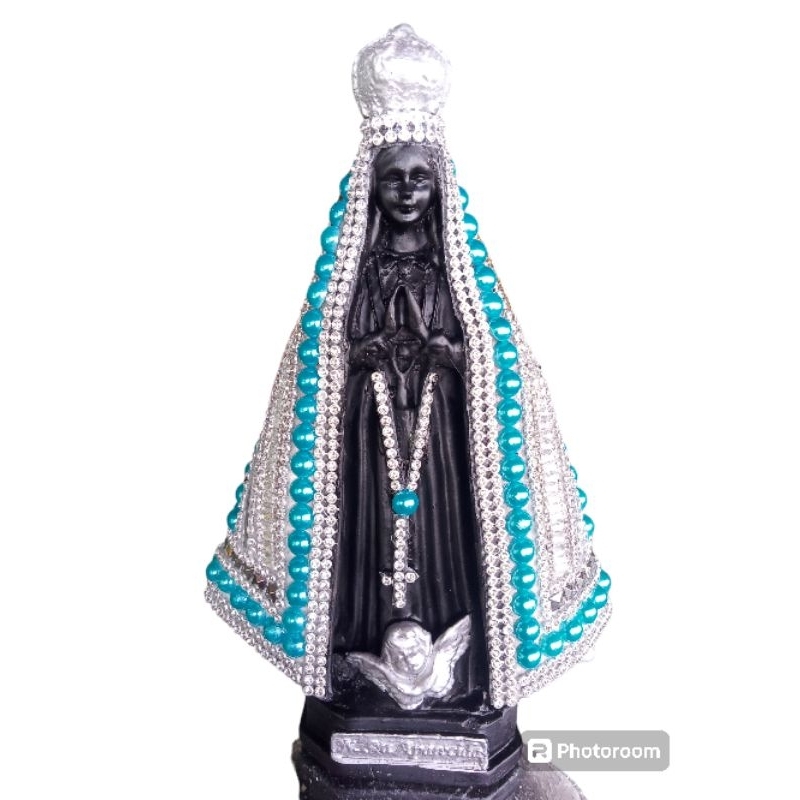 Imagem de Nossa Senhora Aparecida 22cm em gesso toda em pérola Azul Bebê e frente Preta pedraria e strass Italiana!
