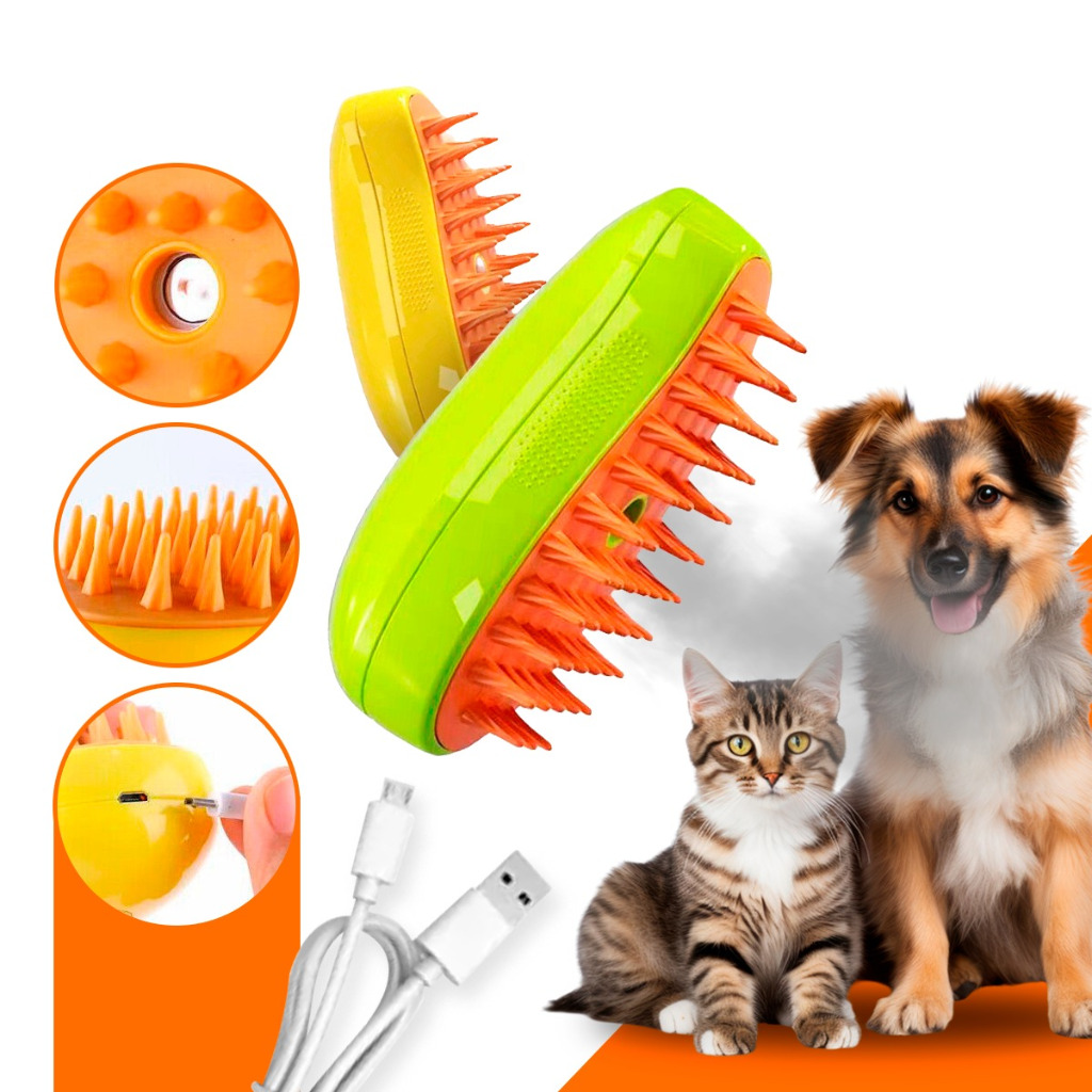 Escova Vapor Tira Pelo Recarregável Usb Cão Gato Escova Elétrica 3 Em 1 Pente De Massagem Suave