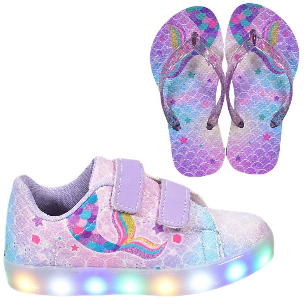 Tênis Infantil Led Feminino Casual Cano Baixo Sereia Menina + Chinelo em Oferta na Shopee