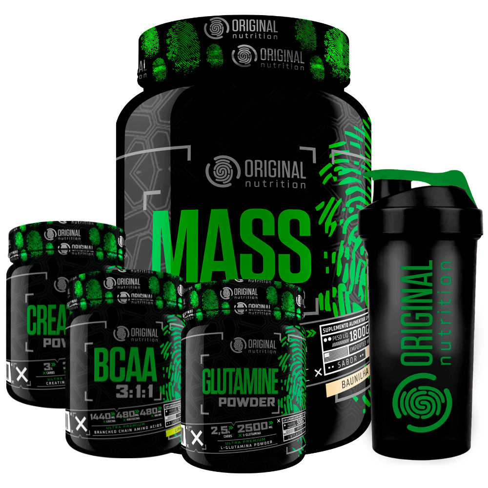 Kit Massa Hipercalórico MASS GAINER 1800G + Bcaa 300G + Creatina 300G + Glutamina 300G - Original