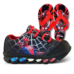Kit Tênis Aranha com Leds Coloridas Menino e Chinelo presente dia das crianças