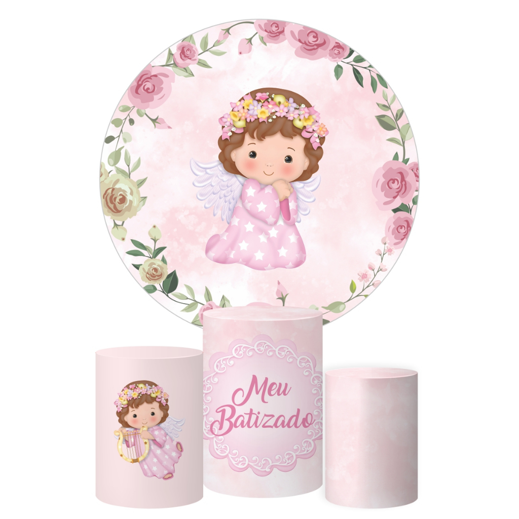 Kit Decoração Batizado Painel Redondo + Trio Capas para Cilindro em Oferta na Shopee