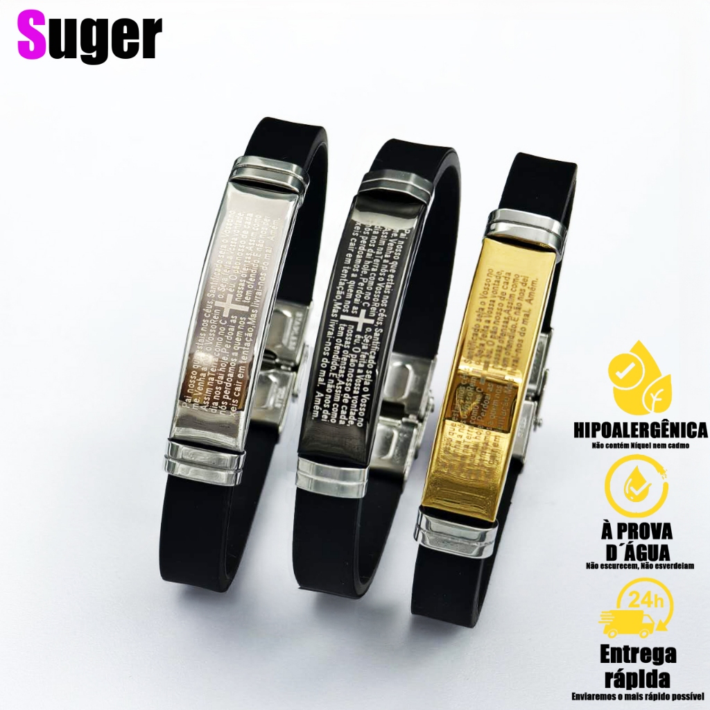 Pulseira Masculina Original Bracelete Folheado Pai Nosso Borracha resistente Preta Prata Dourado bracelete presente para homem ENVIO Imediato