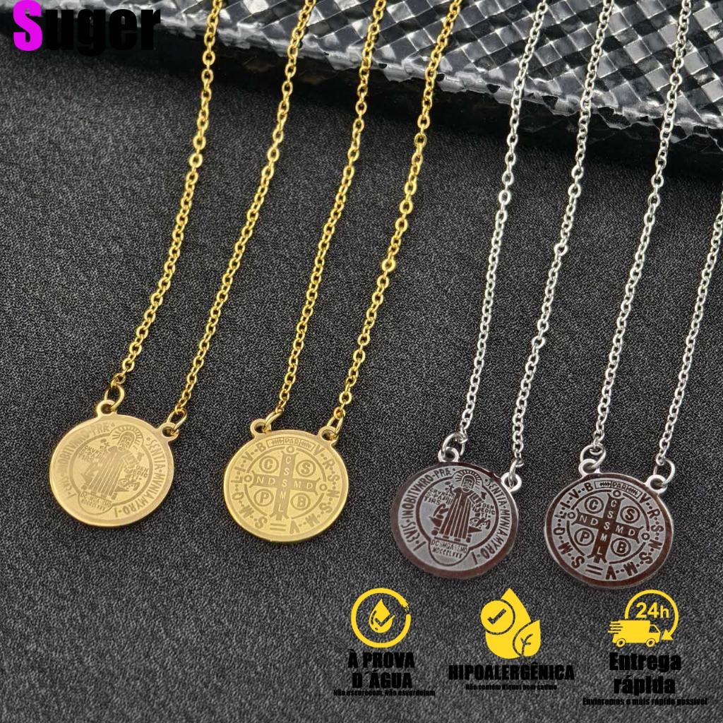 Escapulário Deus é Fiel de masculina feminina Aço Inox São Bento Dourada e Prata, Aço Inoxidável 316L