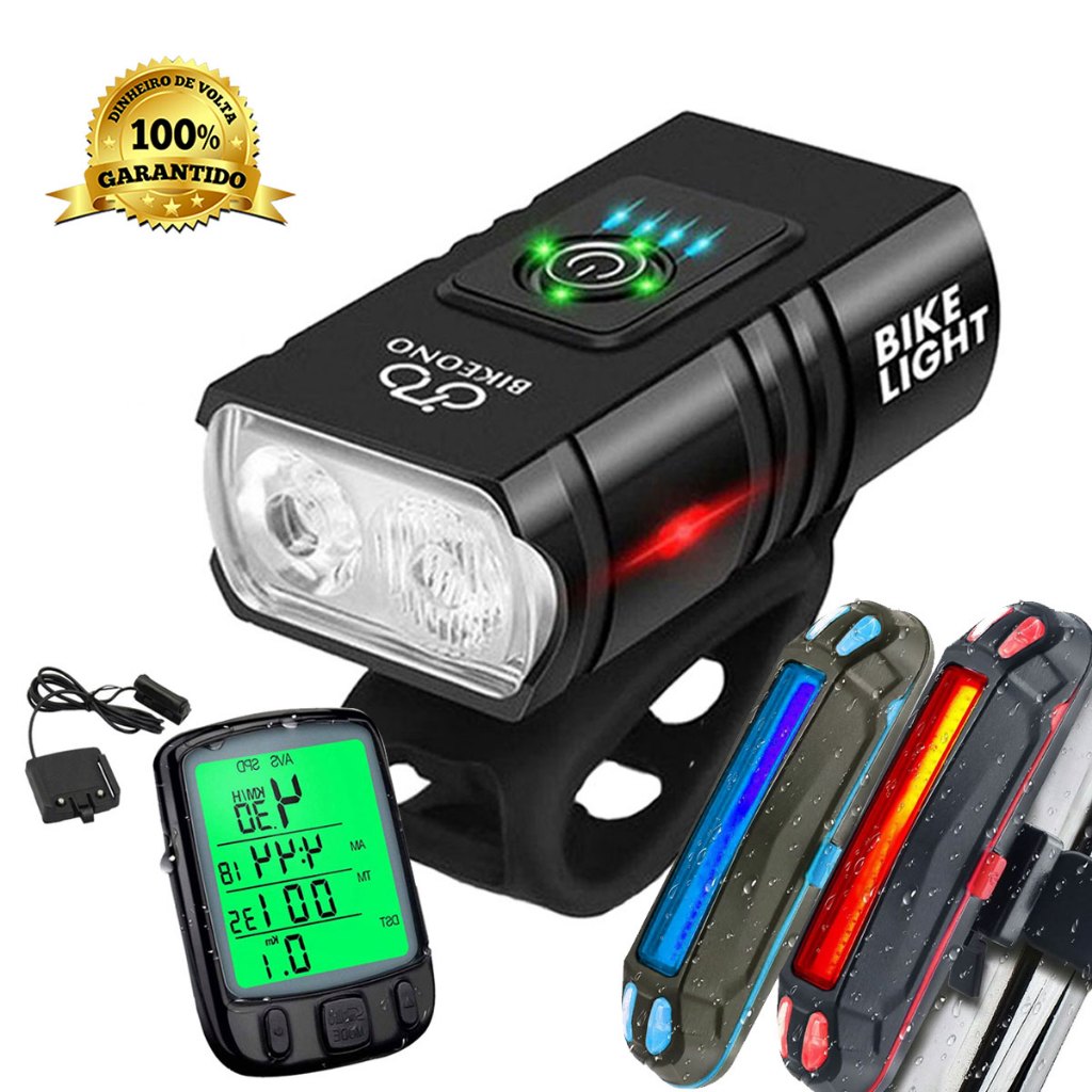 Lanterna Farol Com Visor 2 Led Bike Usb Recarregável Led Luzes + Velocímetro Prova D'agua Para Bike
