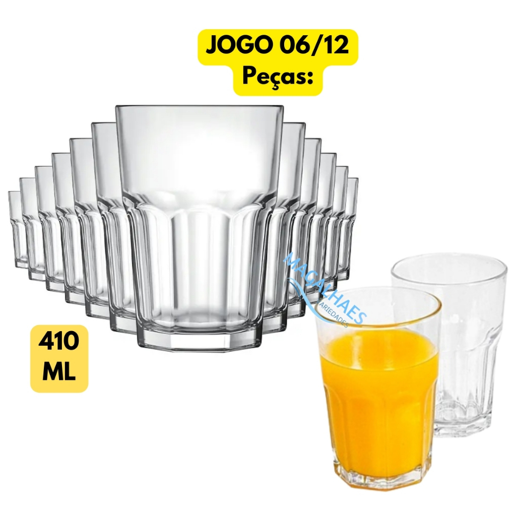 Jogo Kit 06/12 Copos Bristol 410ML Vidro Transparente Temperado Duralex Grande Incolor Restaurante Refeitório Almoço Jantar Hotel