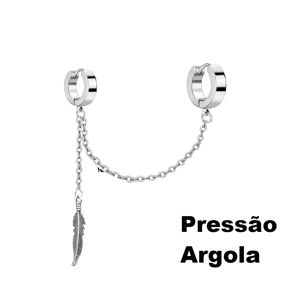 Conjunto Brinco De Pressão ou Argola prata Prateado Em Aço Inox Com Correntinha De Pena Penas