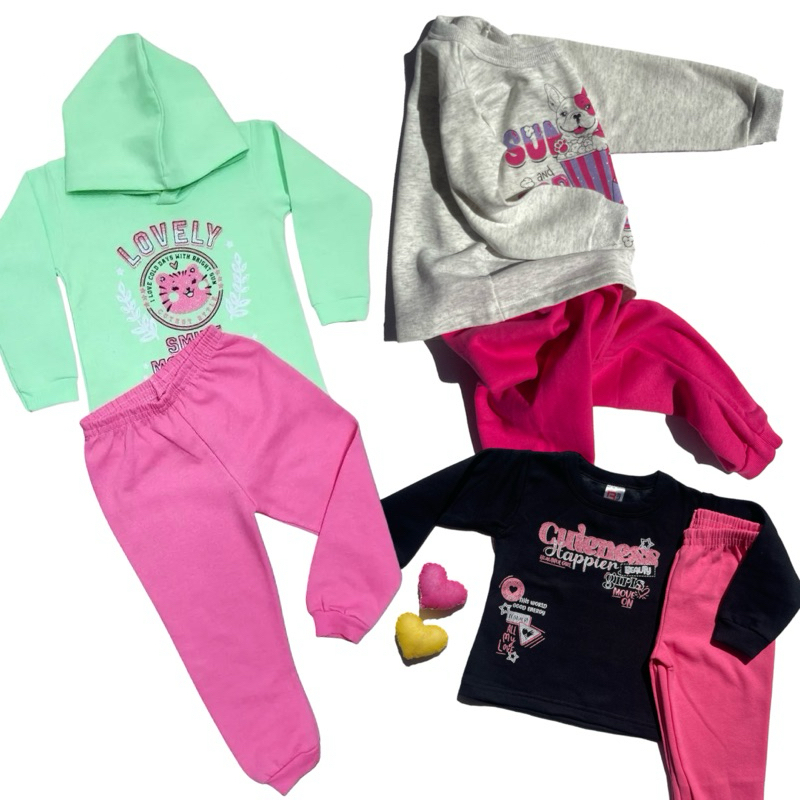 4 peças moletom feminino infantil peluciado outono inverno flanelado calça casaco frio conjunto kit