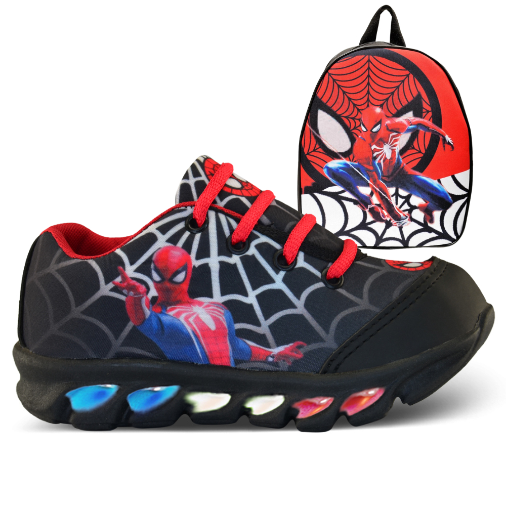 Kit Tênis Infantil do Homem Aranha com Led e Mochila
