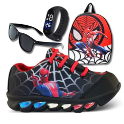 Kit Tênis Aranha com Led Colorida + Mochila ,Relógio e Óculos presente dia das crianças