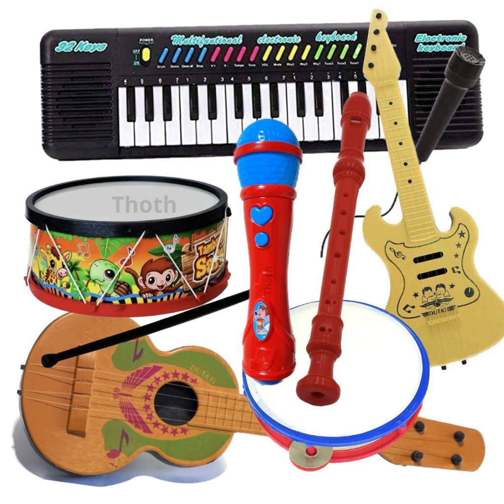 Teclado Piano Kit 7 Brinquedo Viola Tambor Microfone Infantil Educacional Pandeiro Musical