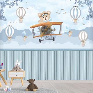 Papel de Parede Autoadesivo Lavavel Urso Aviador Infantil Menino Lavável - Painel Completo em Oferta na Shopee