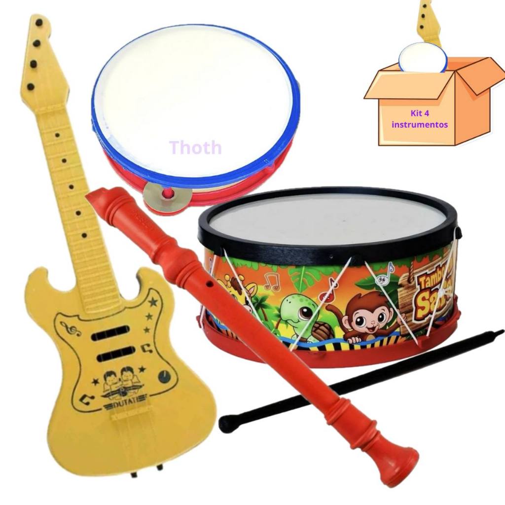 Kit Tambor Infantil Pandeiro Guitarra Flauta 4 Instrumentos Musicais Menina Menino