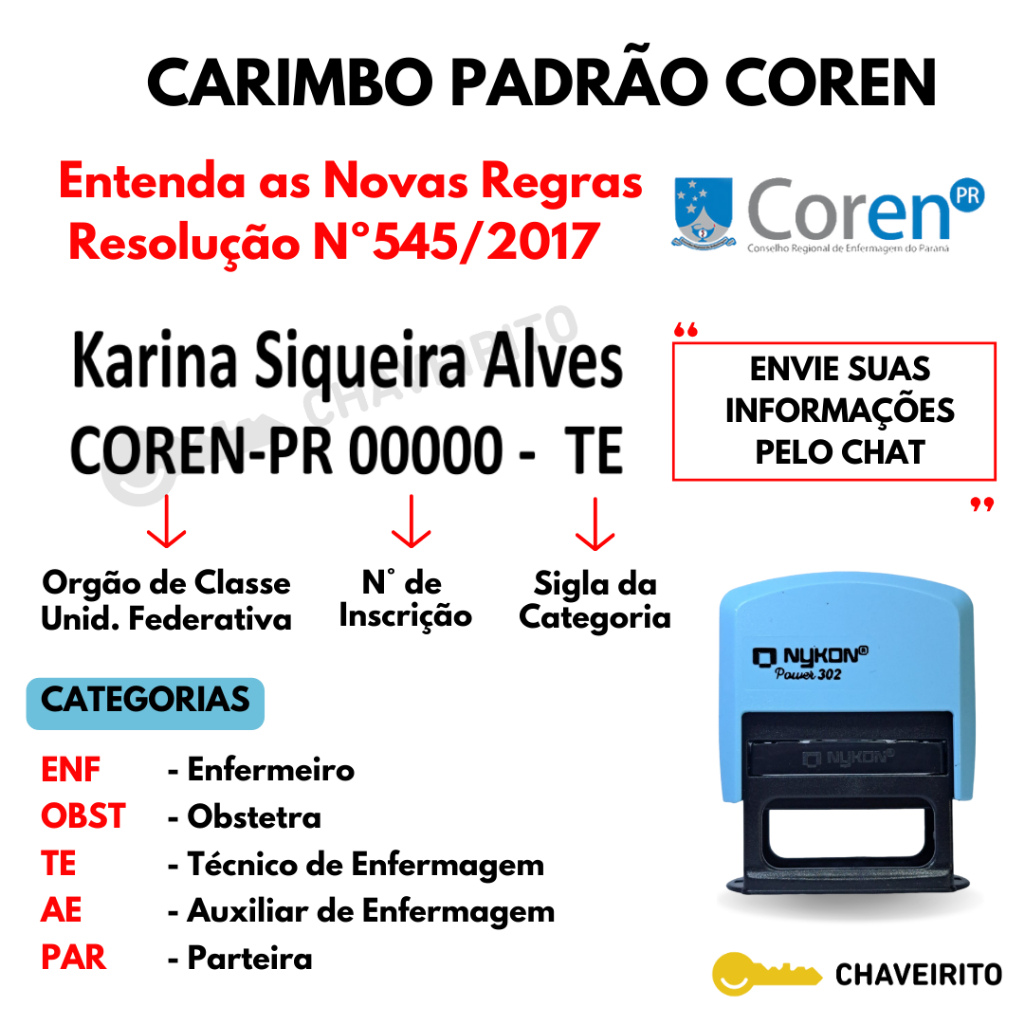 Carimbo Automático padrão COREN Enfermagem Tec. Enfermagem Obstetra (Nykon 302 Black)