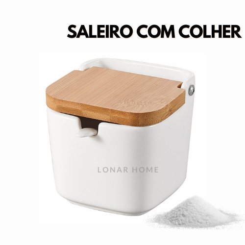 Saleiro Porta Sal Saleira de Mesa Açucareira em Cerâmica com Tampa de Bambu e Colher Decorativo