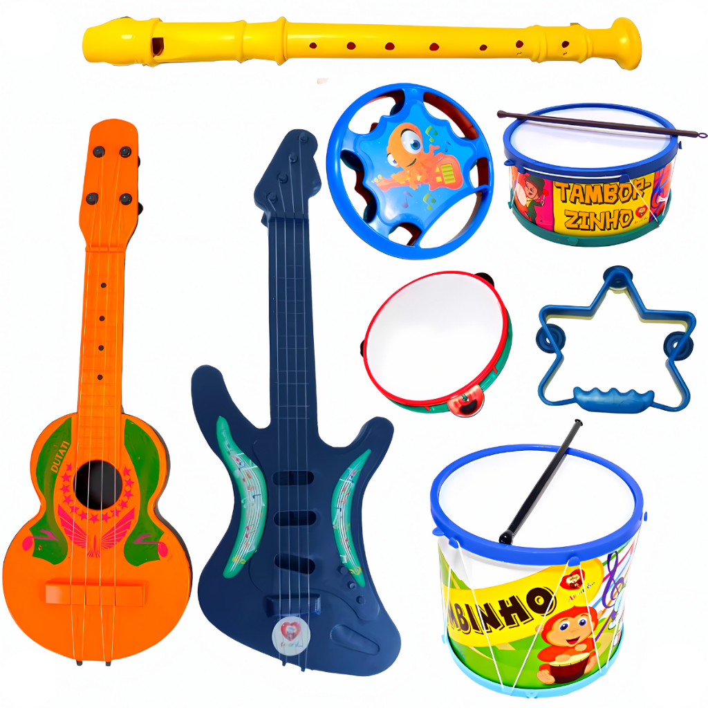Kit 8 Instrumentos Violão Pandeiro Pandeirola Flauta Tamborzinho Brinquedo Musical Infantil 3 Anos +