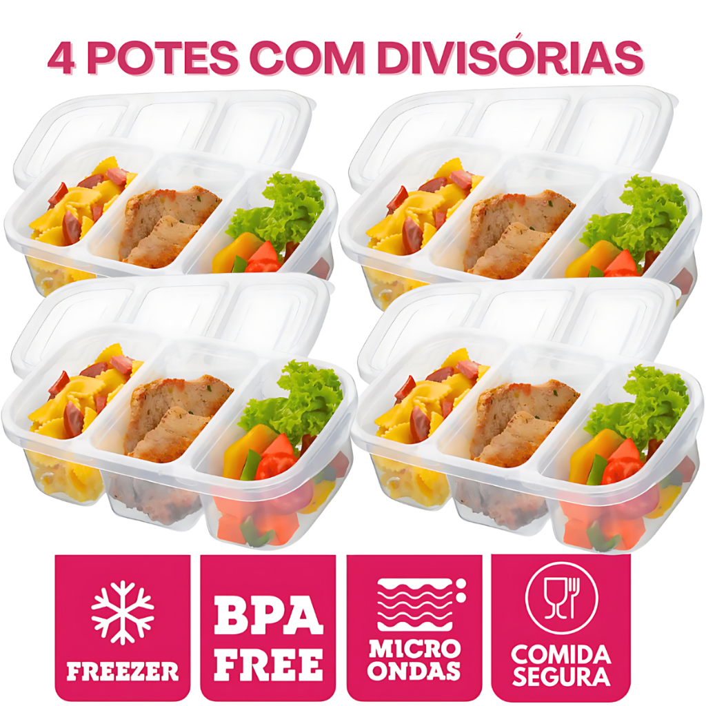 Kit 4 Pote Marmita 3 divisórias Tampa Vasilha Conservadora Alimentos Retangular Freezer Microondas