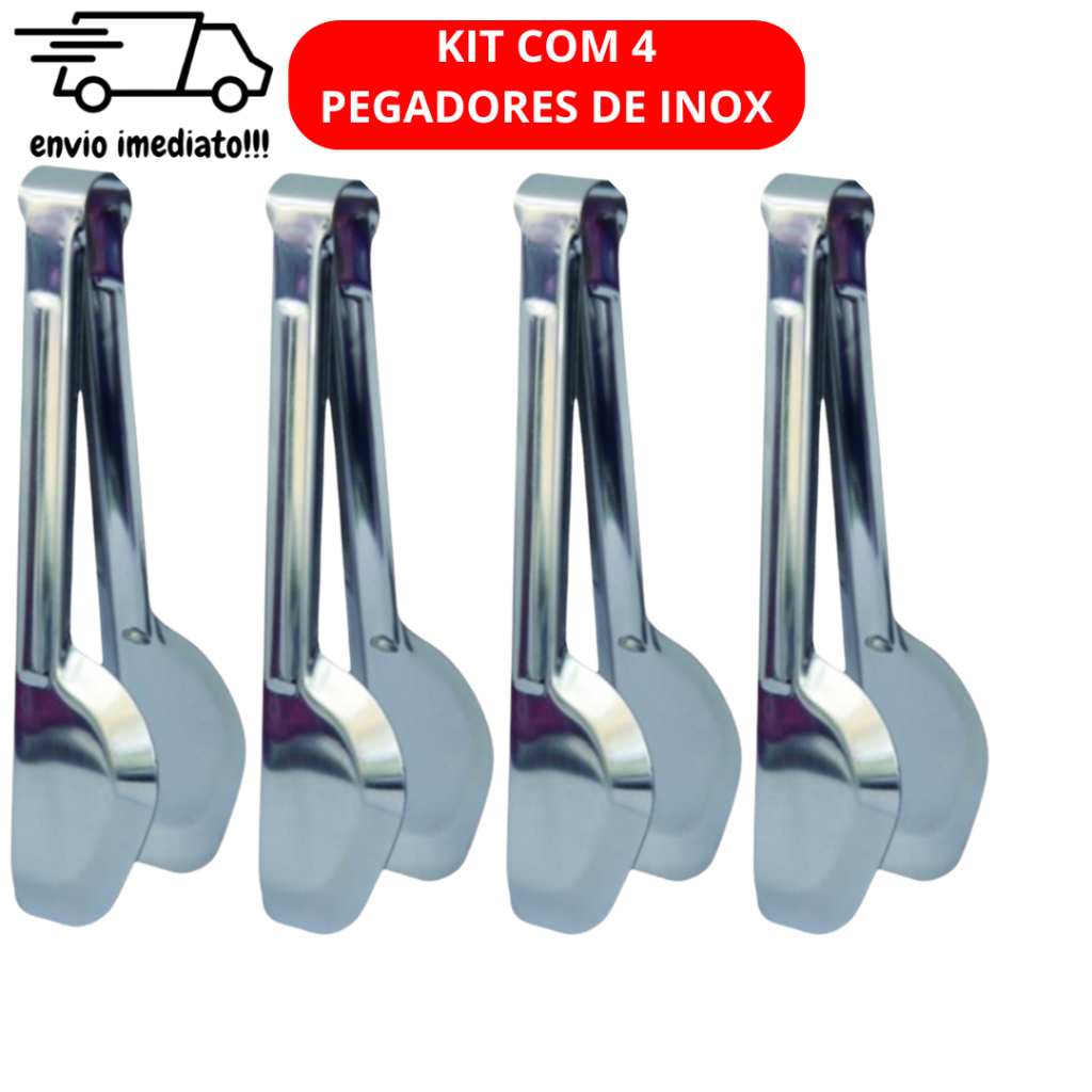 KIT 4 Pegadores de Inox Pinça Universal Churrasco Saladas Massas Alimentos Casa Utilidade