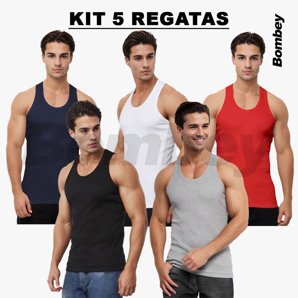 Kit 5 Regatas Masculina Cores + Vermelho Tank Modelo Americano Ribana em Algodão e Elastano