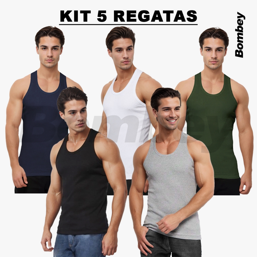 Kit 5 Regatas Masculina Cores + Verde Militar Tank Modelo Americano Ribana Algodão Elastano