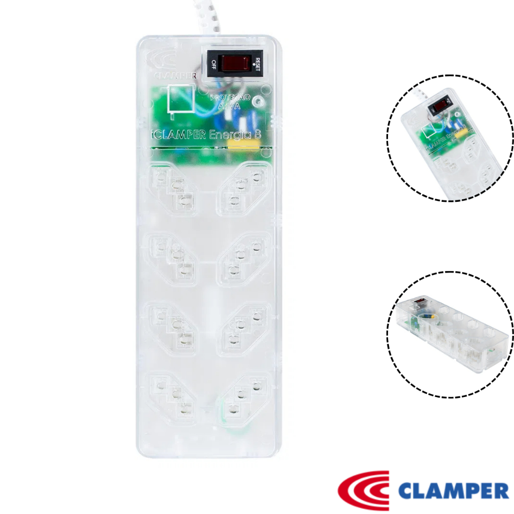 Filtro de Linha iClamper Energia 8 Tomadas TRANSPARENTE Protetor de surto DPS