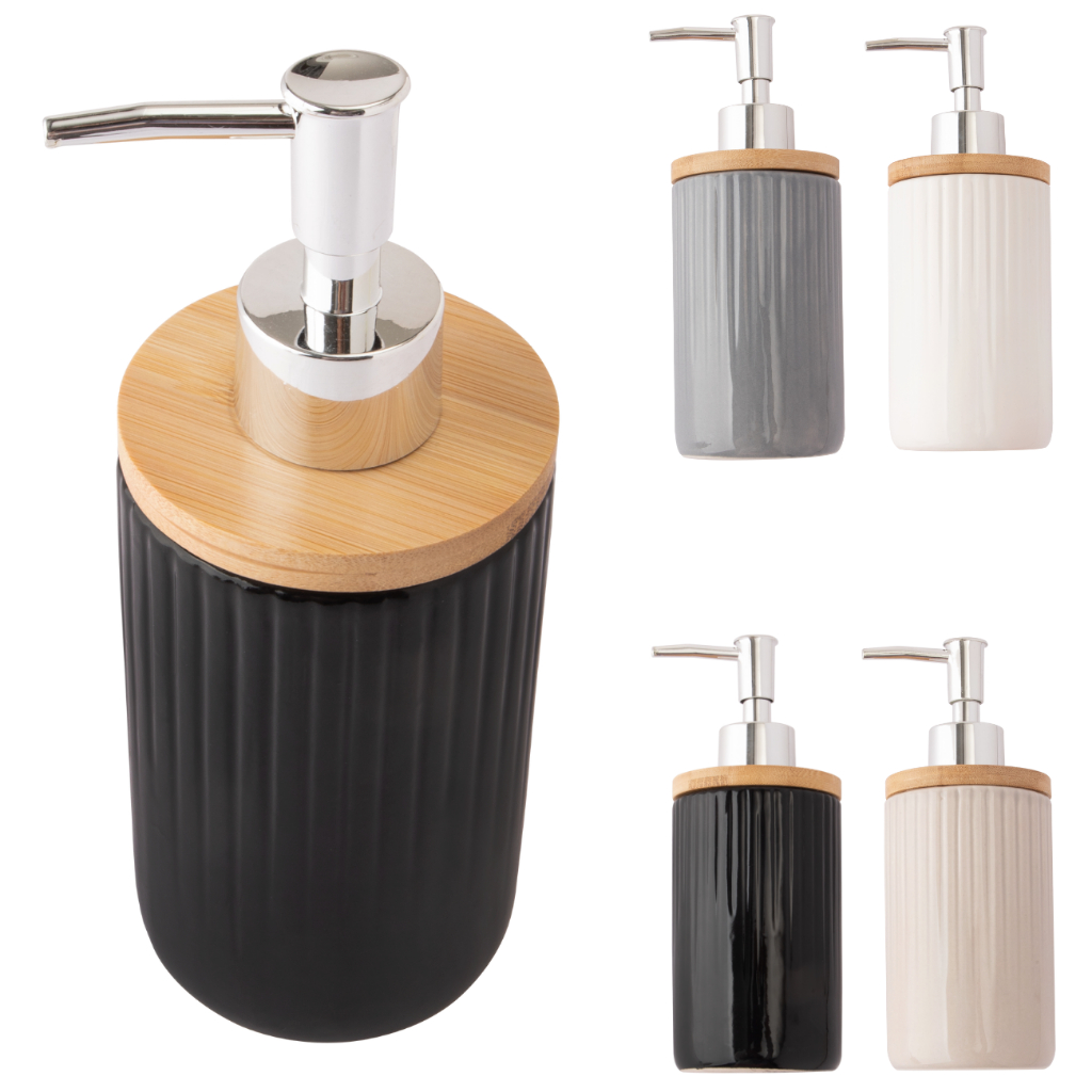 Dispenser Premium Banheiro Lavabo Porcelana e Bambu Porta Sabonete Liquido Detergente Álcool Gel