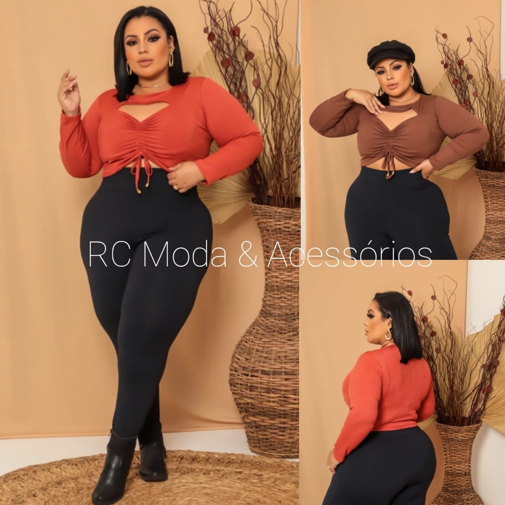 Blusa Blusinha Cropped Plus Size Básico Manga Longa  Canelado Premium Várias Cores Regulagem na Frente