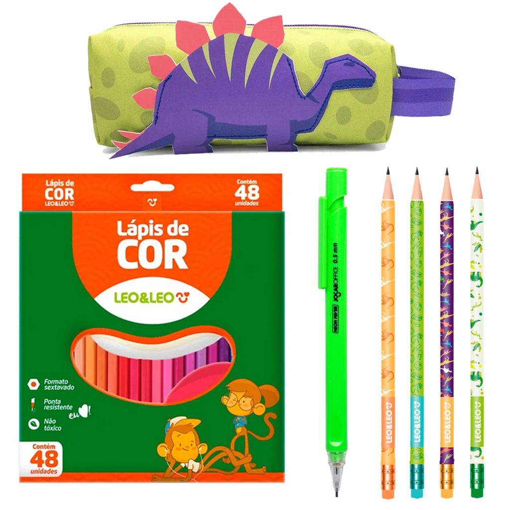 Kit Material Escolar Com Estojo Lapis De Cor 48 Cores Lapiseira Neon Lapis HB - Leo e Leo