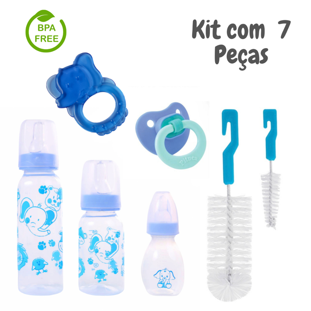 Kit 7 Peças 3 Mamadeiras + Mordedor + Chupeta + 2 Escovas Para Lavar Mamadeiras