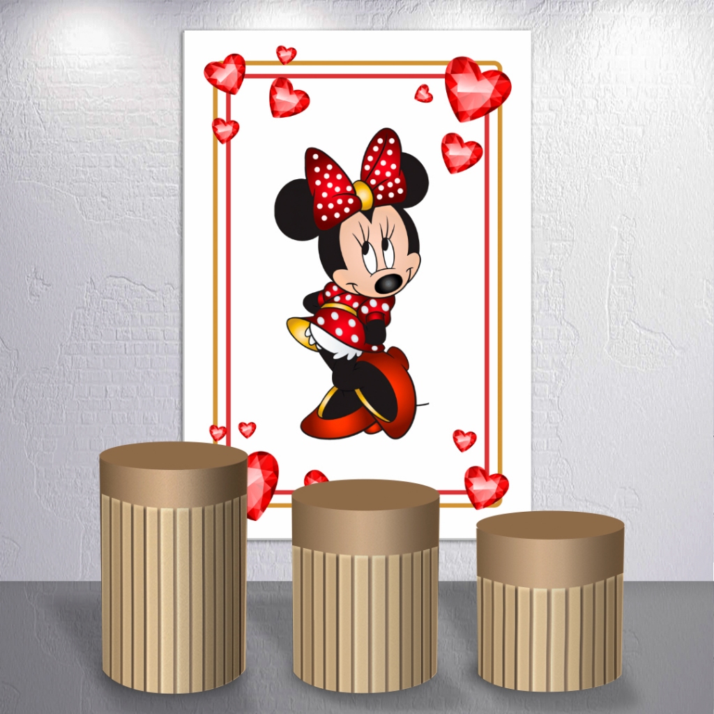 Painel de Festa Infantil Castelo Mágico Ratinha Minie Capas Sublimadas Trio Cilindro Redondo Retangular