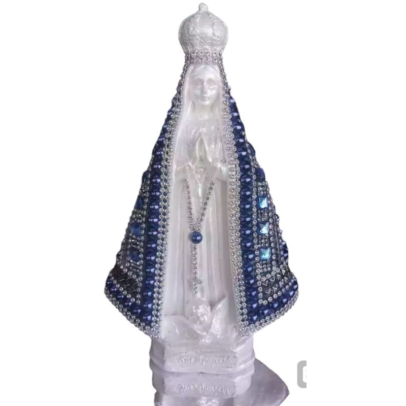 Imagem Nossa Senhora Aparecida 22cm toda em Strass Prata Perola Azul e Branca com Pedraria italiana