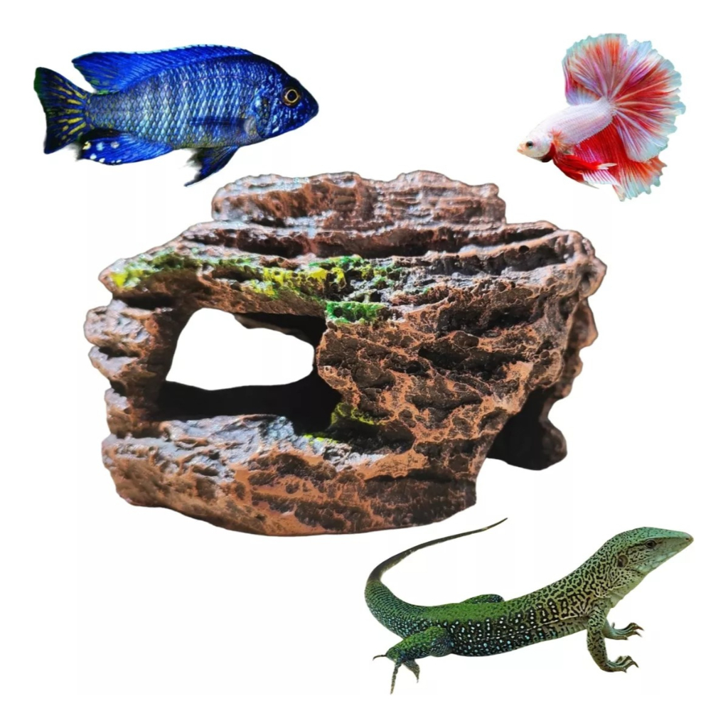 Enfeite Rocha Resina Para Aquário Toca Beteira Betta Axolote Reptil Terrario Tartaruga Decoração